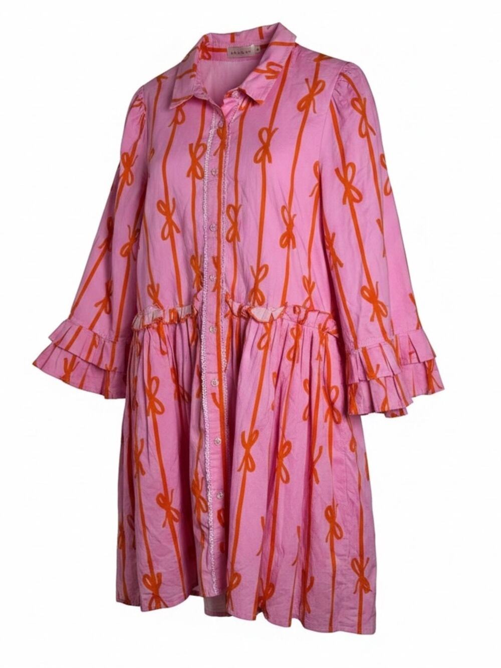 Ivy City Co Bowie Dress Ruffle Orange and Pink Bow Print